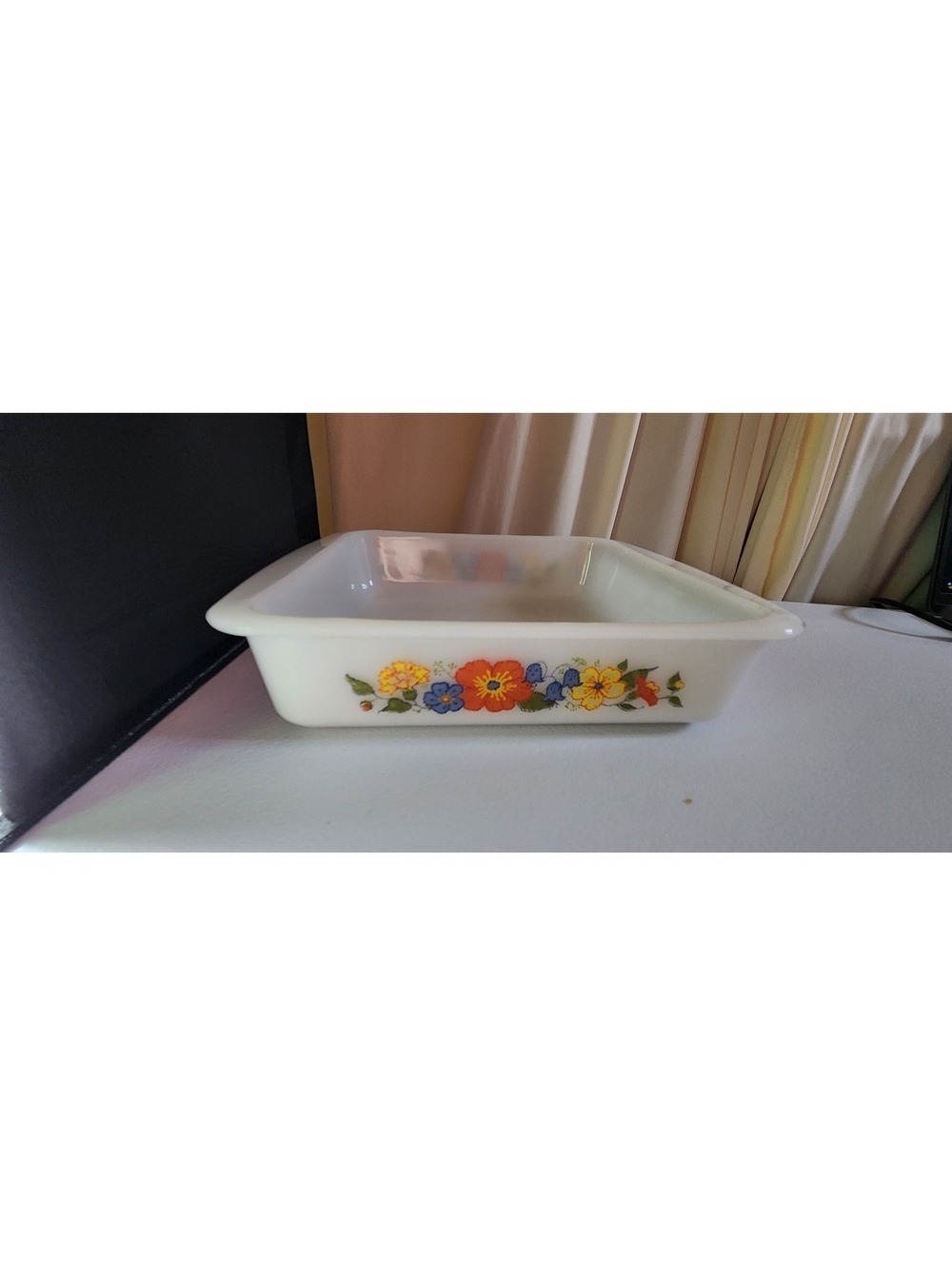 Vintage Glasbake Milk Glass Casserole Dish Square Floral Pattern White Multi